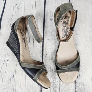 Fly London Olive and Black Leather Wedges